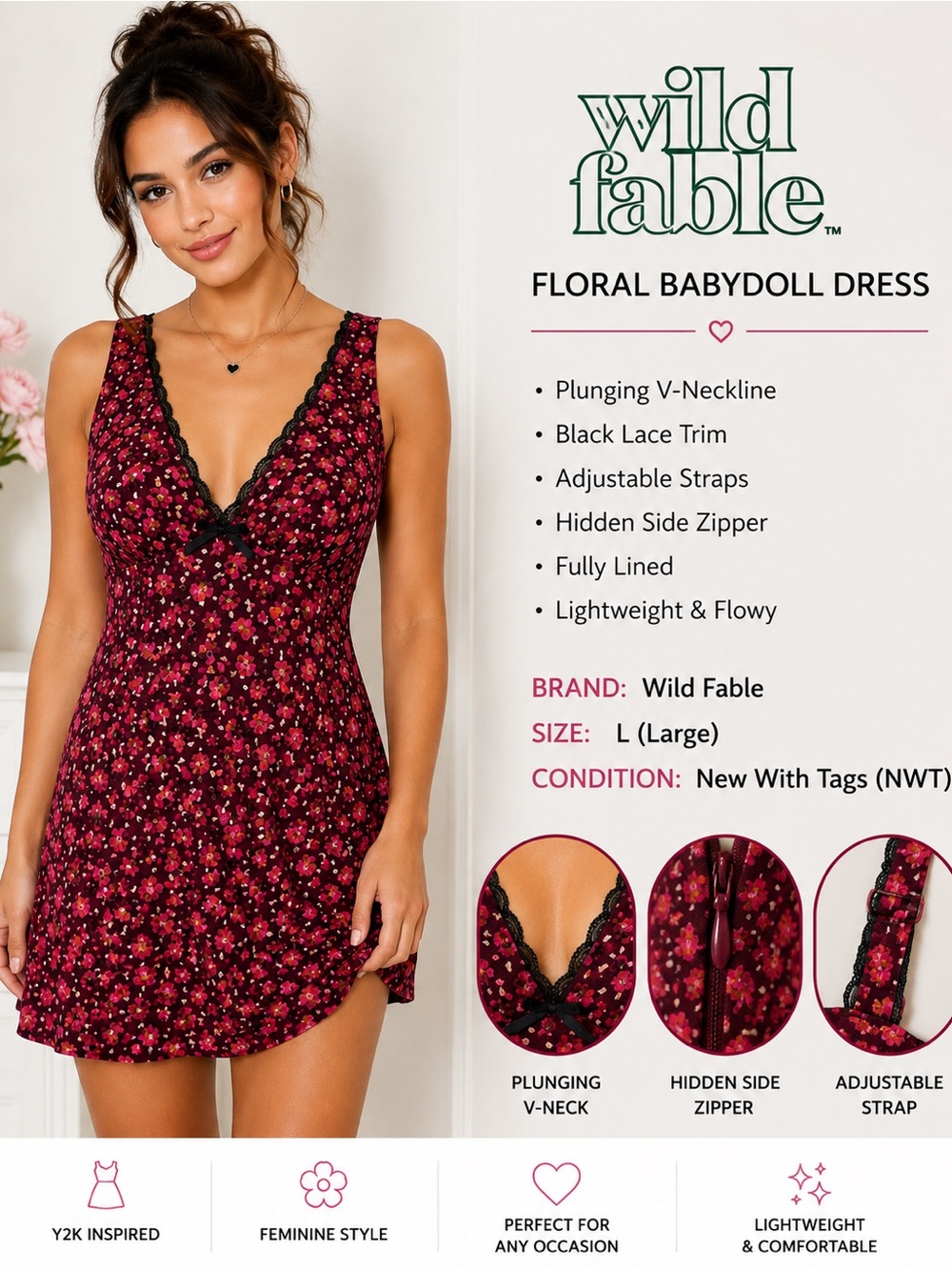 NWT Wild Fable Floral Babydoll Mini Dress Lace Trim Jrs Large